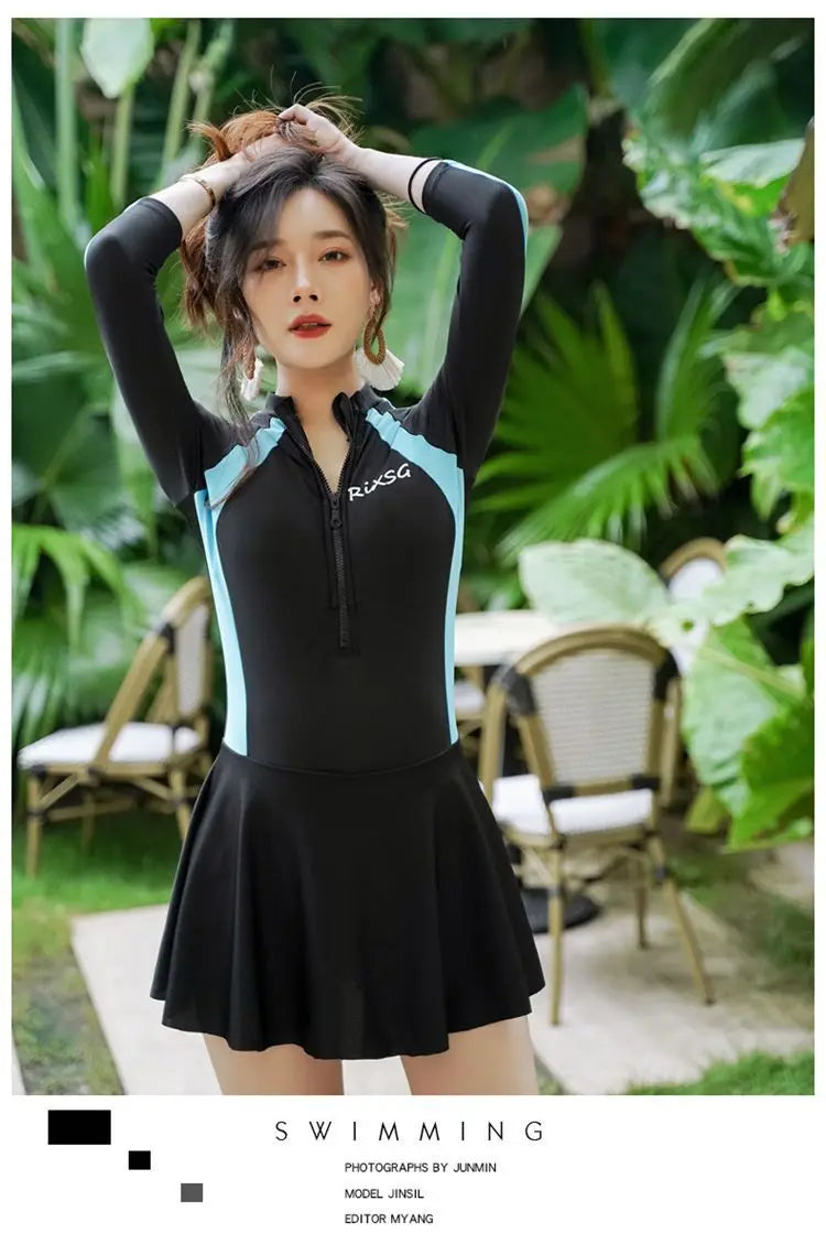 Female Swimsuit Manufacturer Korean Version Plus Size Spring Long Sleeved Jumpsuit Style Conservative Belly Covering Swimsuit