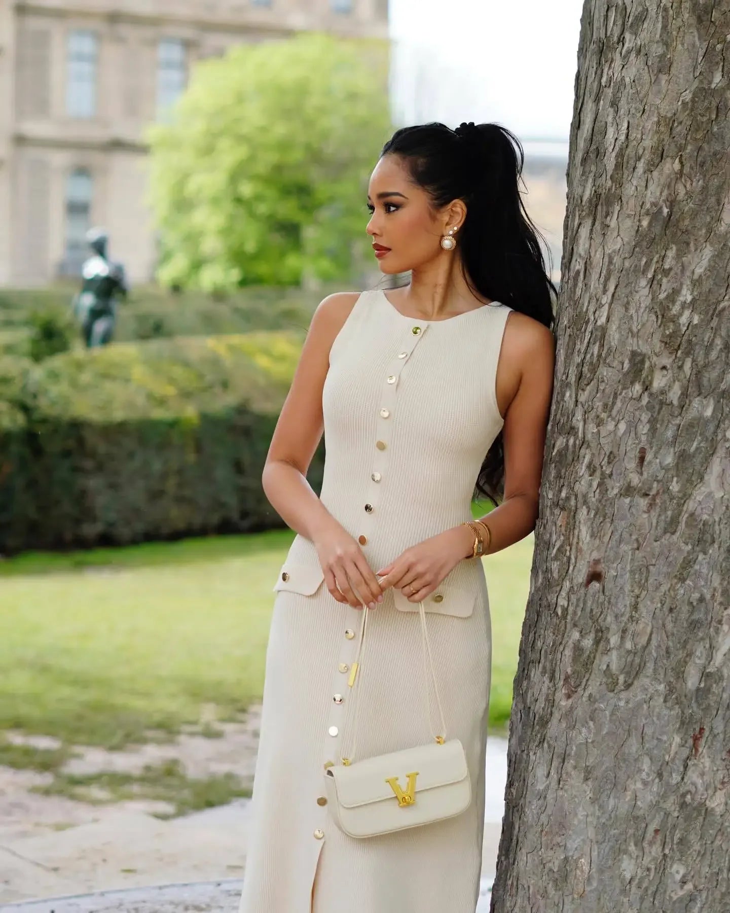 Elegant Knitted Midi Dresses Women's Black White Patchwork Slit Single Breasted Sleeveless Curvy Dress 2025 Summer Street Wear