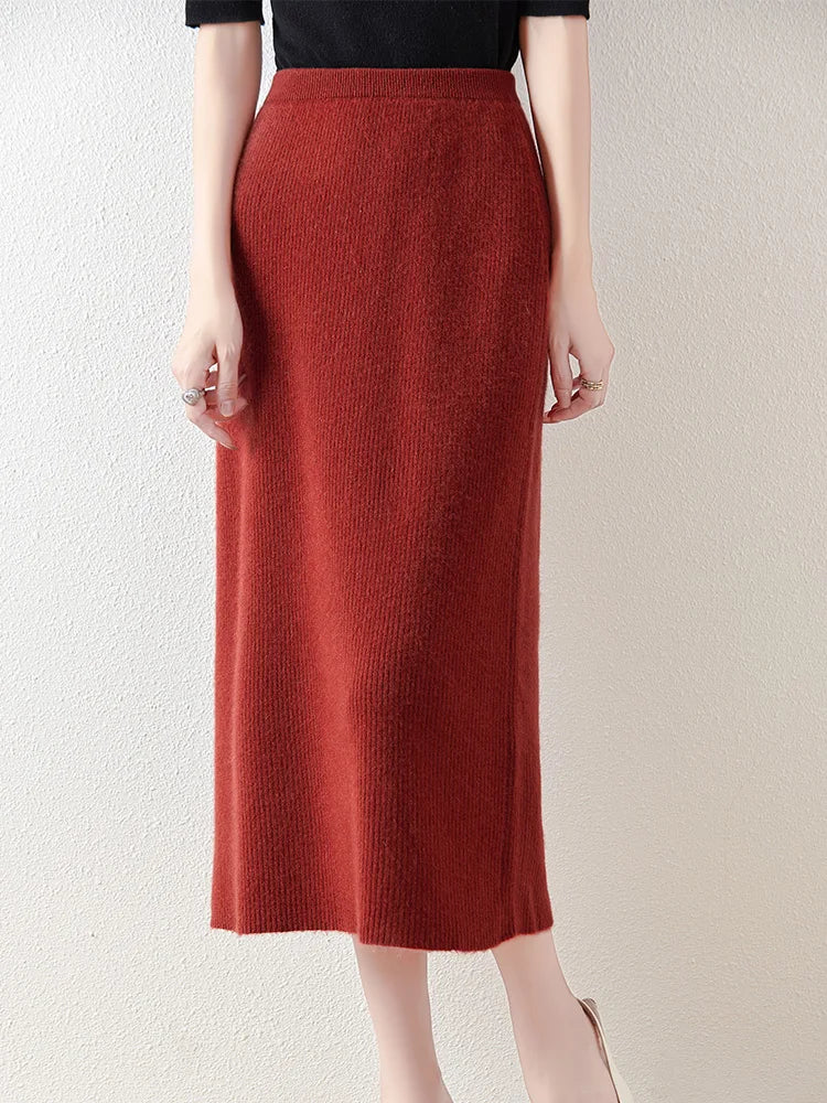 100% Merino Wool Skirt Women's Elastic Waist Cashmere Striped Skirts Office Lady Knitted Simple Dress Thickening Autumn Winter