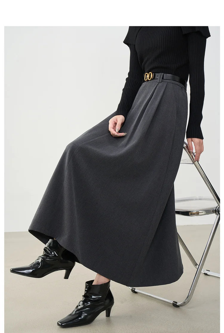 VIMLY Midi Women Skirt 2025 Autumn Office Lady Gray A-line Bud Elegant Ladies Skirt Zipper Loose Pockets Female Skirts A2202