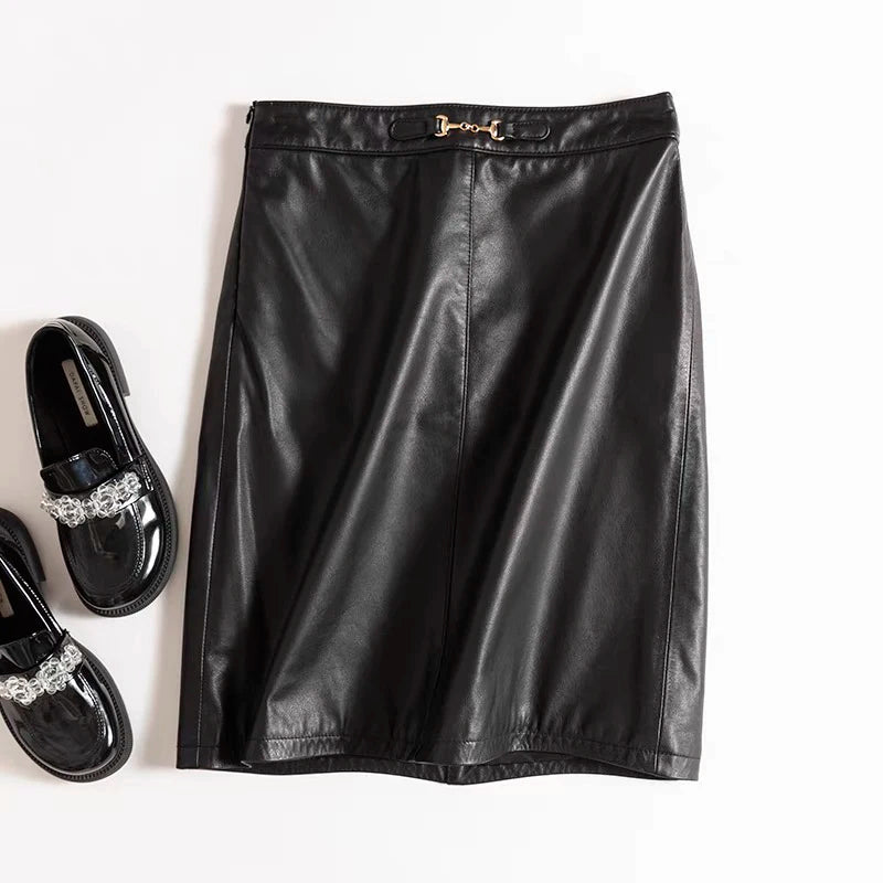 Genuine Leather Calfskin Women Skirt Waist Chain 2024 Spring South Korean Fashion High Waist Buttons Retro A-line Knee-Length