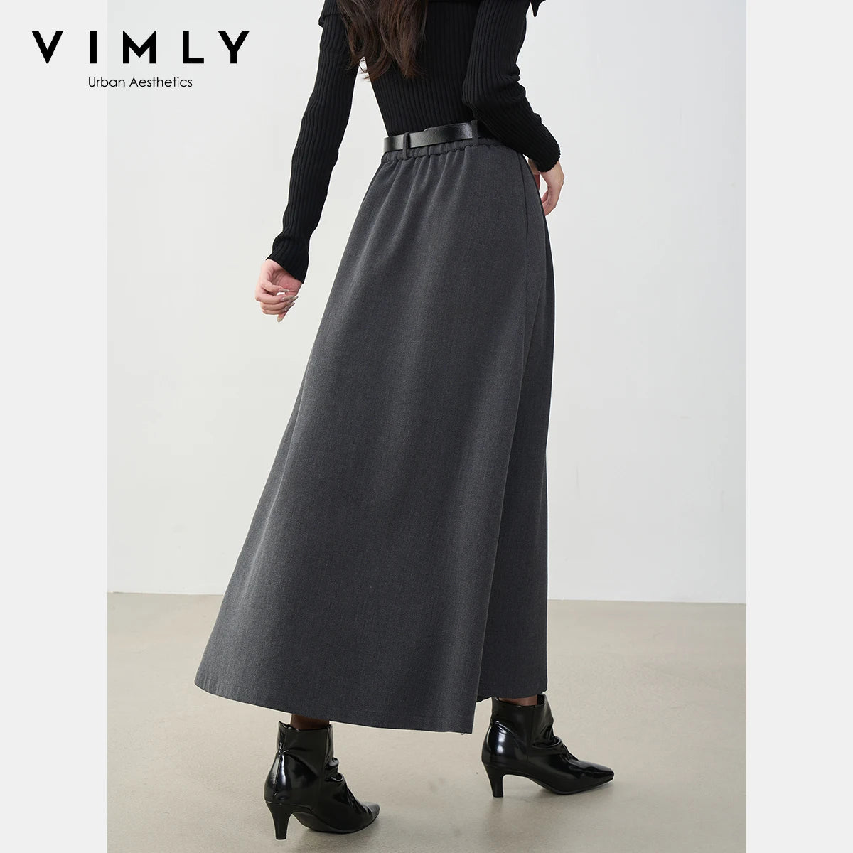VIMLY Midi Women Skirt 2025 Autumn Office Lady Gray A-line Bud Elegant Ladies Skirt Zipper Loose Pockets Female Skirts A2202