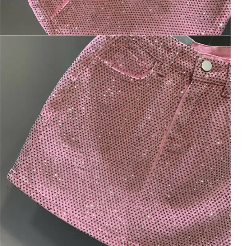 Heavy Industry Hot Drilling High-End Denim Skirt 2024 Spring And Summer New High Waist Pink Sexy