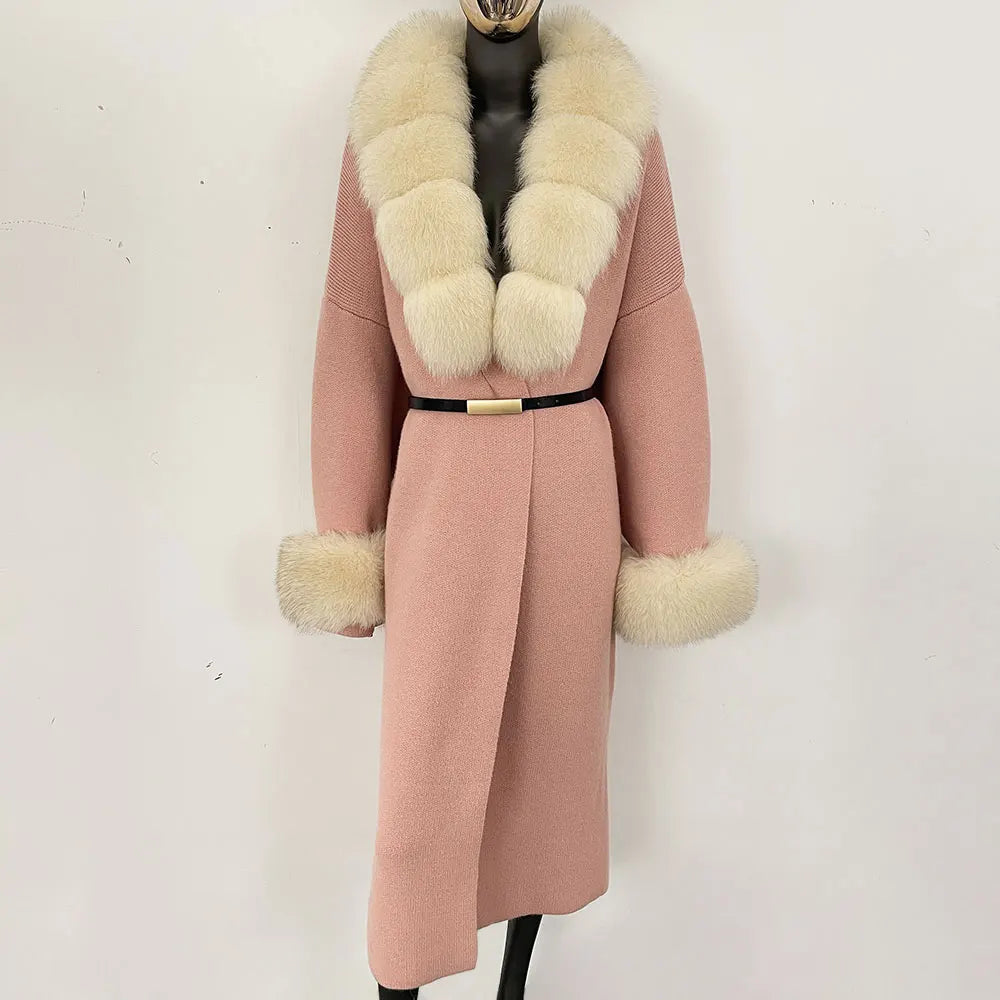 Long Knitwear Coat Women Warm Belt Real Fox Fur Jacket Female 2024 New Autumn Winter Kintted Natural Fur Coat Women