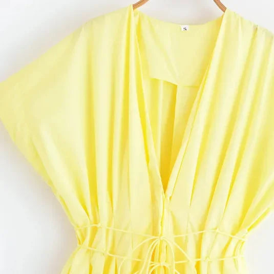 Slimming Casual Short Sleeve Pleated Shoulder Draped Dress Versatile Women's Fashion Design Knee-Length V-Neck Dress