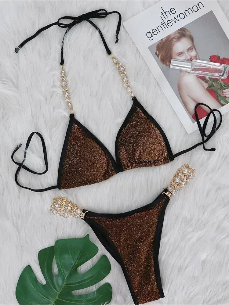 Sexy Bikinis Swimsuits Woman 2025 Luxury Rhinestones Push Up Diamond Thong Swimwear Shiny Gold Beach Bathing Suit Bikini Set