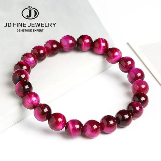 JD Natural Fuchsia Tiger Eye Stone Minerals Round Loose Beads Jewelry  Good Lucky Elastic Bracelet New Year Gift