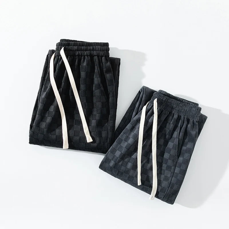 Men's Checkered Velvet Sweatpants, Loose Drawstring Trousers, Trendy Checkered Pattern, Fall and Winter Casual Streetwear