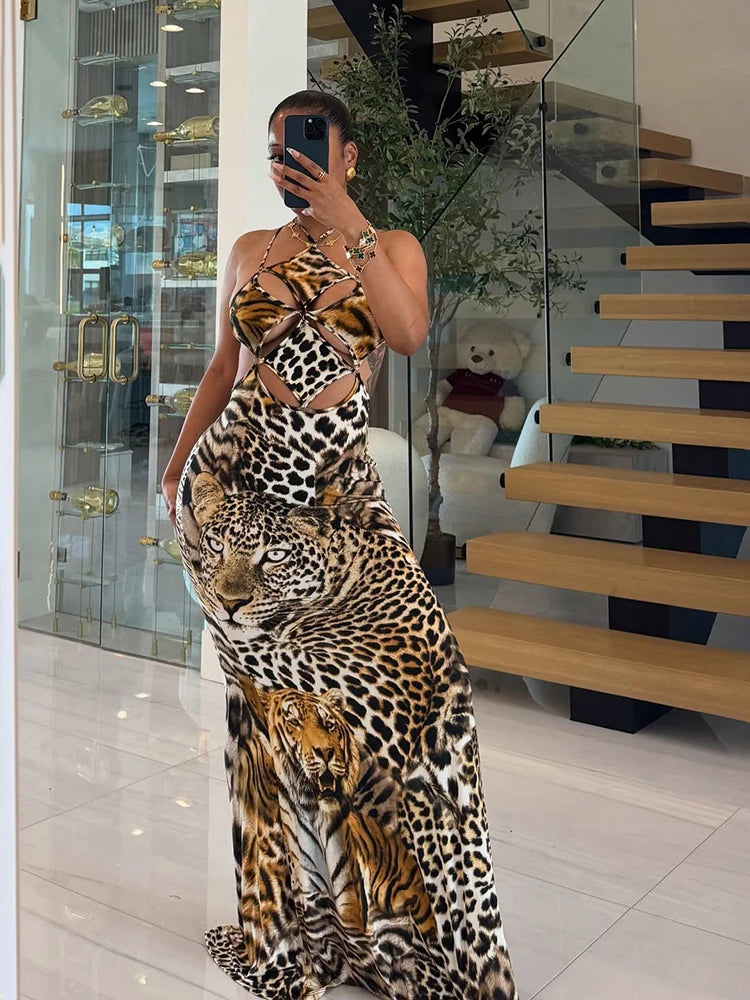 Sisterlinda Sexy Backless Dress Women Hollow Tiger Print Sleeveless Stretch Turtleneck Midnight Prom Party Clubwear Long Bodycon