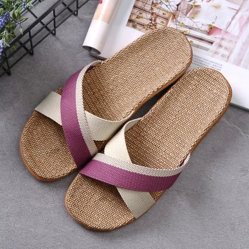 Women's EVA Linen Slippers Couple Indoor Slippers Cotton Home Non-slip Thick Bottom Summer Sandal Slippers Men