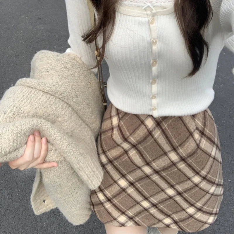 Autumn Winter Woolen Plaid Mini Skirt for Women College Casual All Match Short Skirts Woman Thicken Warm High Waist A-Line Skirt