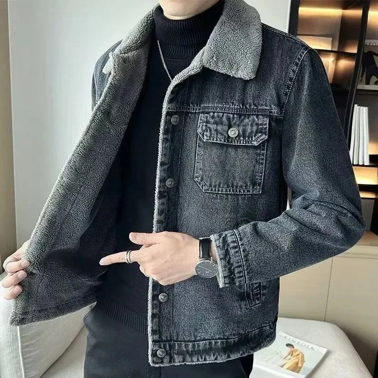 Men's Denim Jacket Winter Thickened Fleece Lined Fashionable New Arrival Hot Sale Of The Season Cotton Coat with Lamb Fur Collar