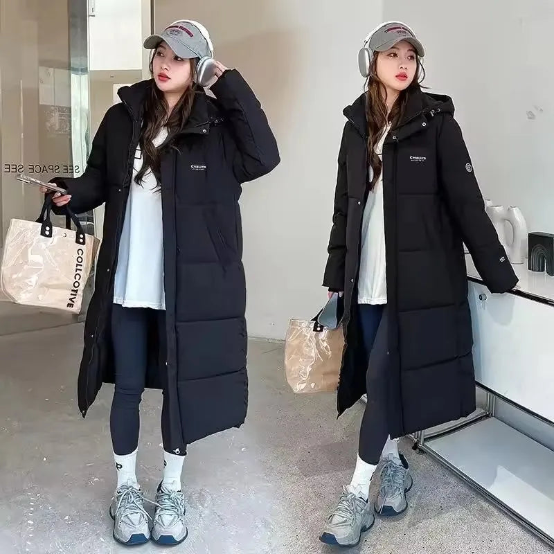 2025 Solid Long Down Parka Women with  Hood  Cotton Padded Jacket Winter Overcoat Fashion Thicken Warm Puffer Coat Female