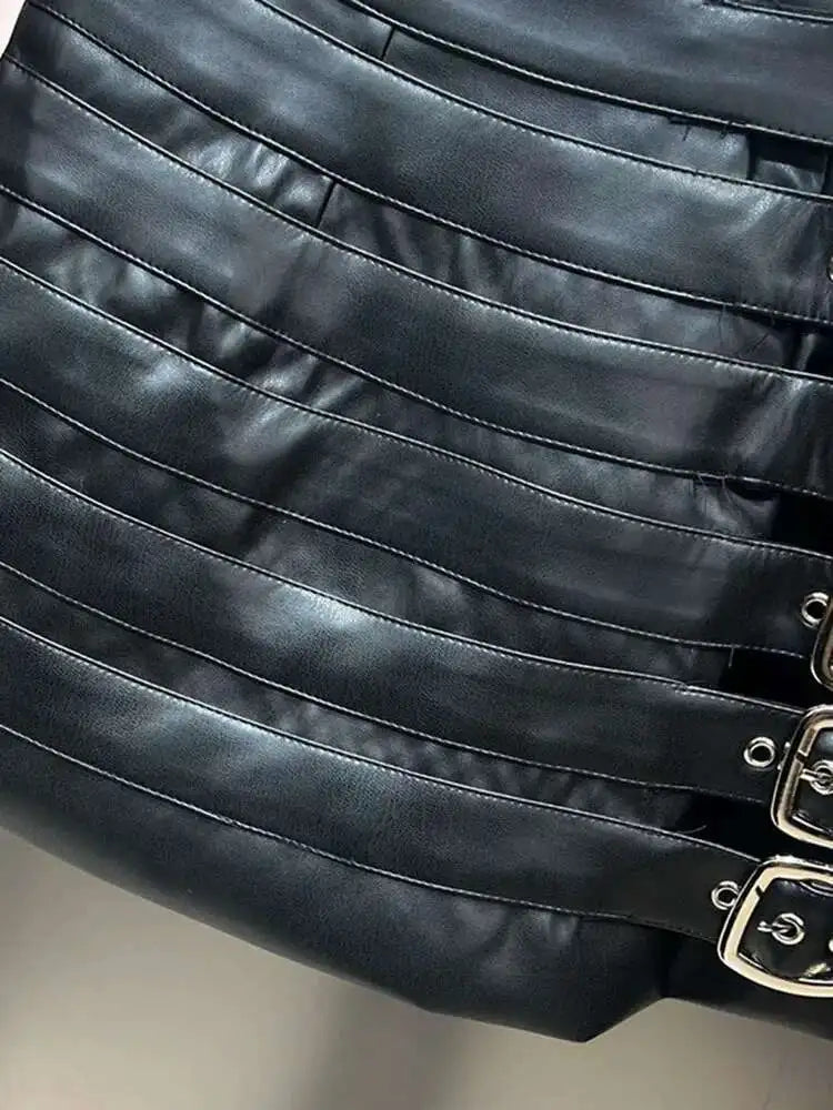 DEAT Trendy Women's Multi Belt PU Leather Mini Skirt 2024 Spring Fashion New Items High Waist Wrap Hip Skirts Female 11XX7390