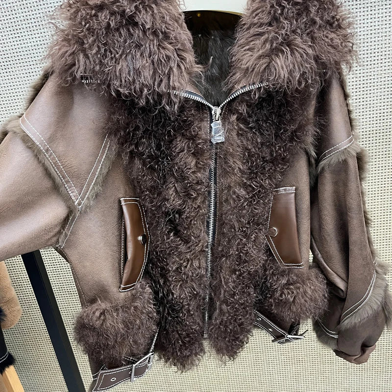 2025 New Real Fur Coat Winter Jacket Women Natural Rabbit Fur Lambswool Collar Luxury Outwear Loose Thick Warm Female Coat