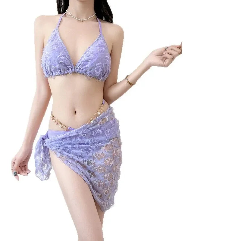 Sexy Slimming Bikini Three-Piece Swimsuit Women's Ins Style Purple Swimwear Show off Your Curves in This Trendy Bikini Set