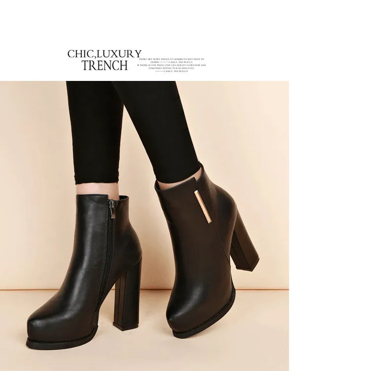 Autumn Winter Plush Boots Women British Thick Heel Waterproof Platform Thick Bottom Short Boot High Heels Lady