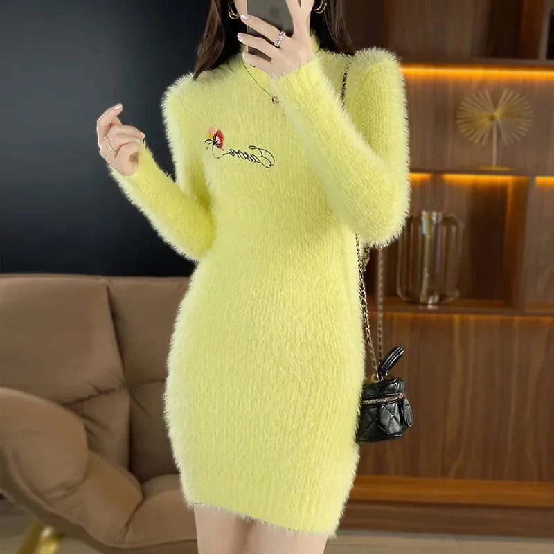 Autumn Winter Imitation Mink Fleece Dress Women Sweater Pullover Slim Embroidered Knitting Dress Female Base Shirt Mini Dress
