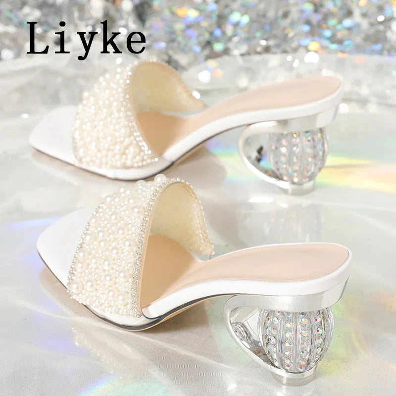 Liyke Size 36-42 Women Summer Party Slippers Fashion White Pearl Designer Sandals Female Shoes Strange High Heels Mules Slides