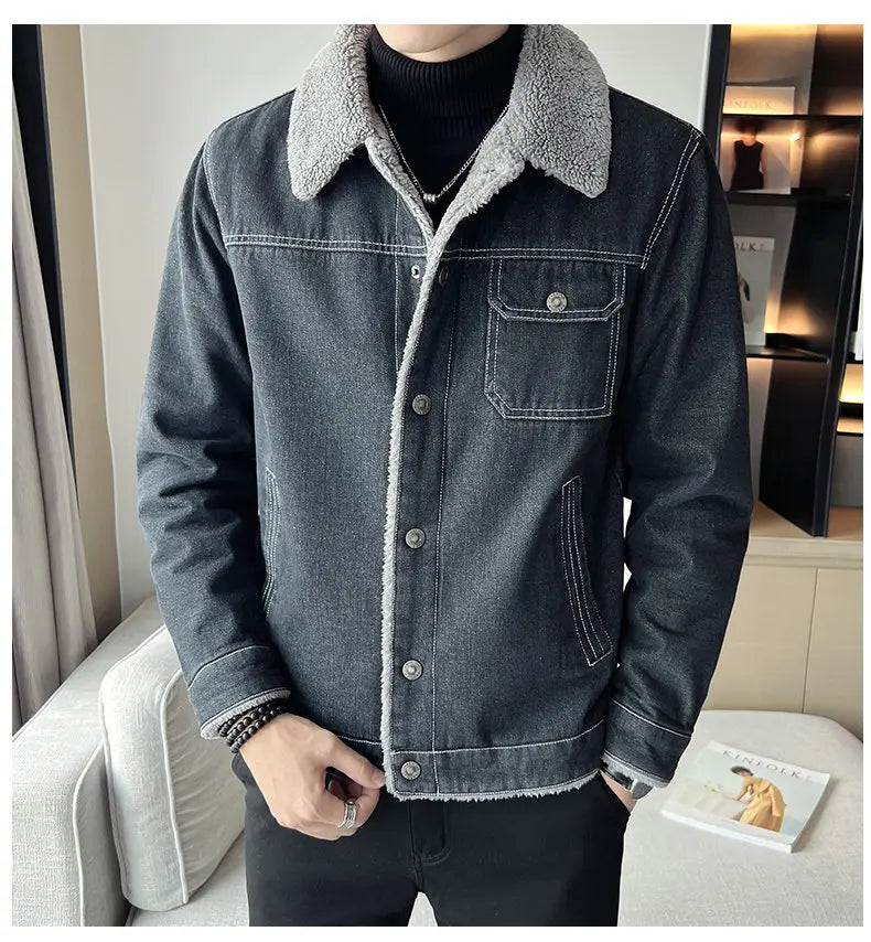 Men Denim Jacket Men Fleece Trendy Winter Velvet Coats 2025 Men Korean Slims Casual Thick Jacket Male Lamb Fur Casual Outerwear