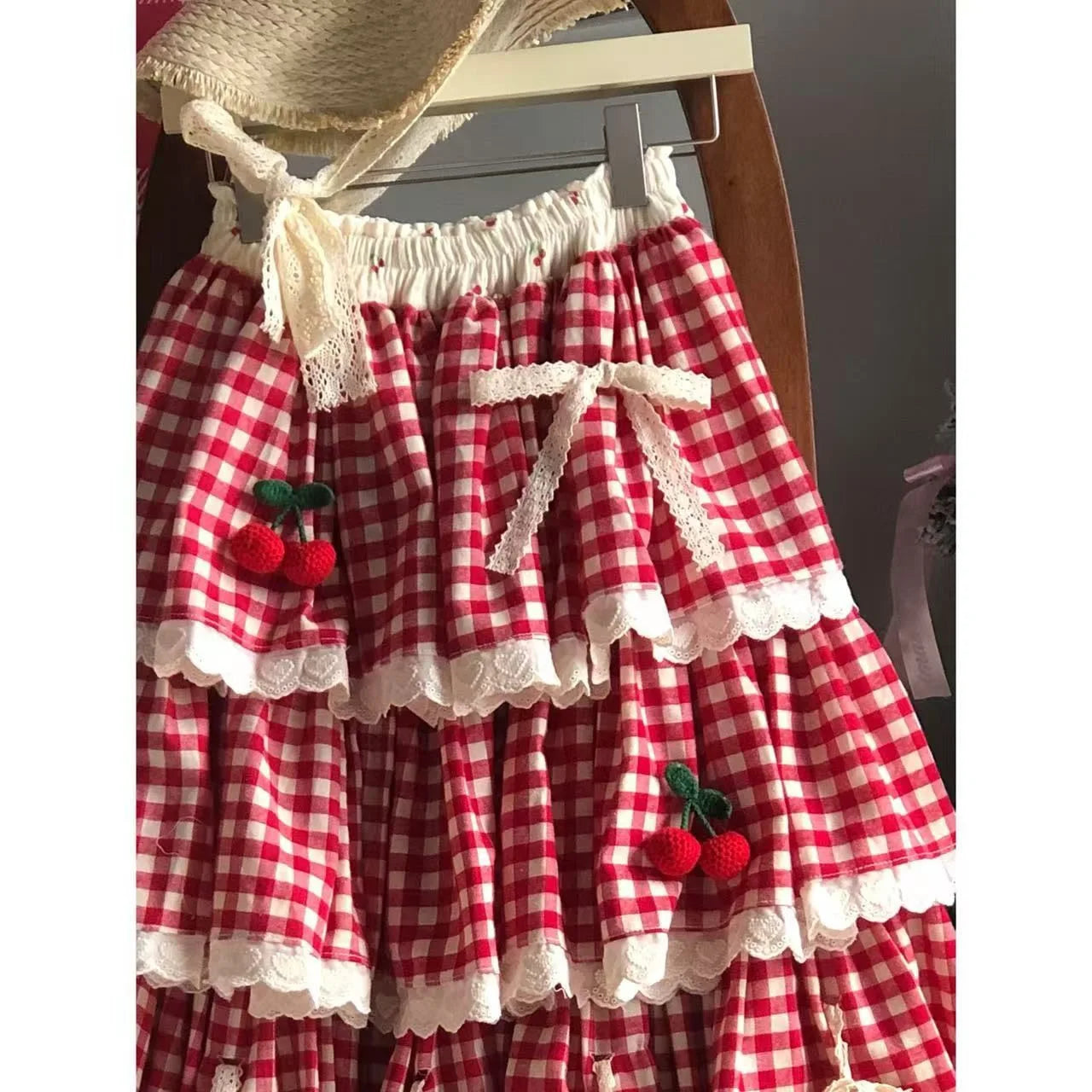 Sweet Multi-Layered Ruffle Cake Skirt Women's Autumn Winter New Cherry Design Lace Half Skirt Fresh And Cute Style Midi Skirt
