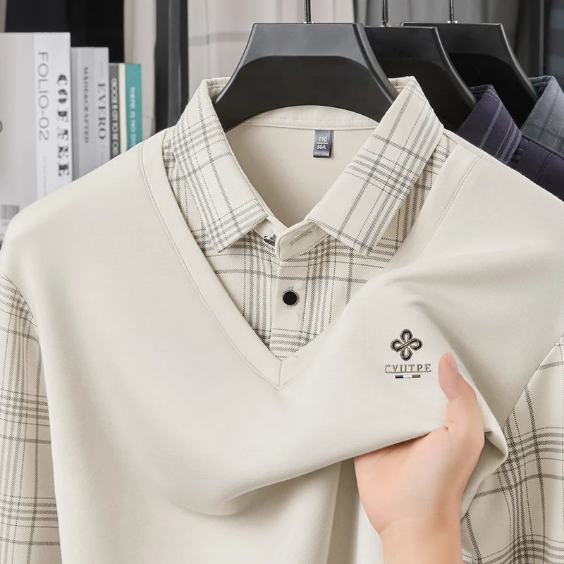 TFETTERS Long Sleeve Polo Shirt Men 2025  Autumn New Business Slim Fake Two Shirt Man Casual Loose Plaid Graphic Shirt for Men