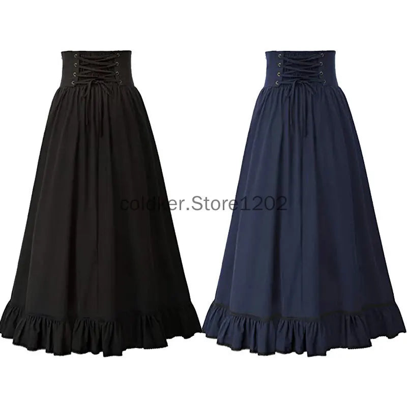 Women Maxi Skirt Medieval Intage Summer High Waist A Line Victorian Long Skirt Steampunk Gothic Ruffled Hem Pleated Party Skirts
