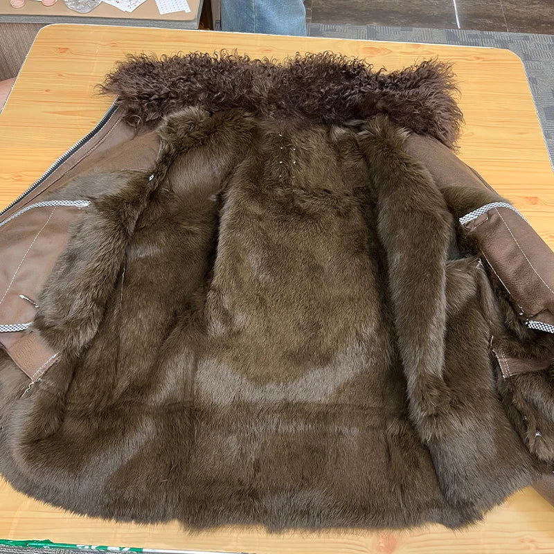 2025 New Real Fur Coat Winter Jacket Women Natural Rabbit Fur Lambswool Collar Luxury Outwear Loose Thick Warm Female Coat