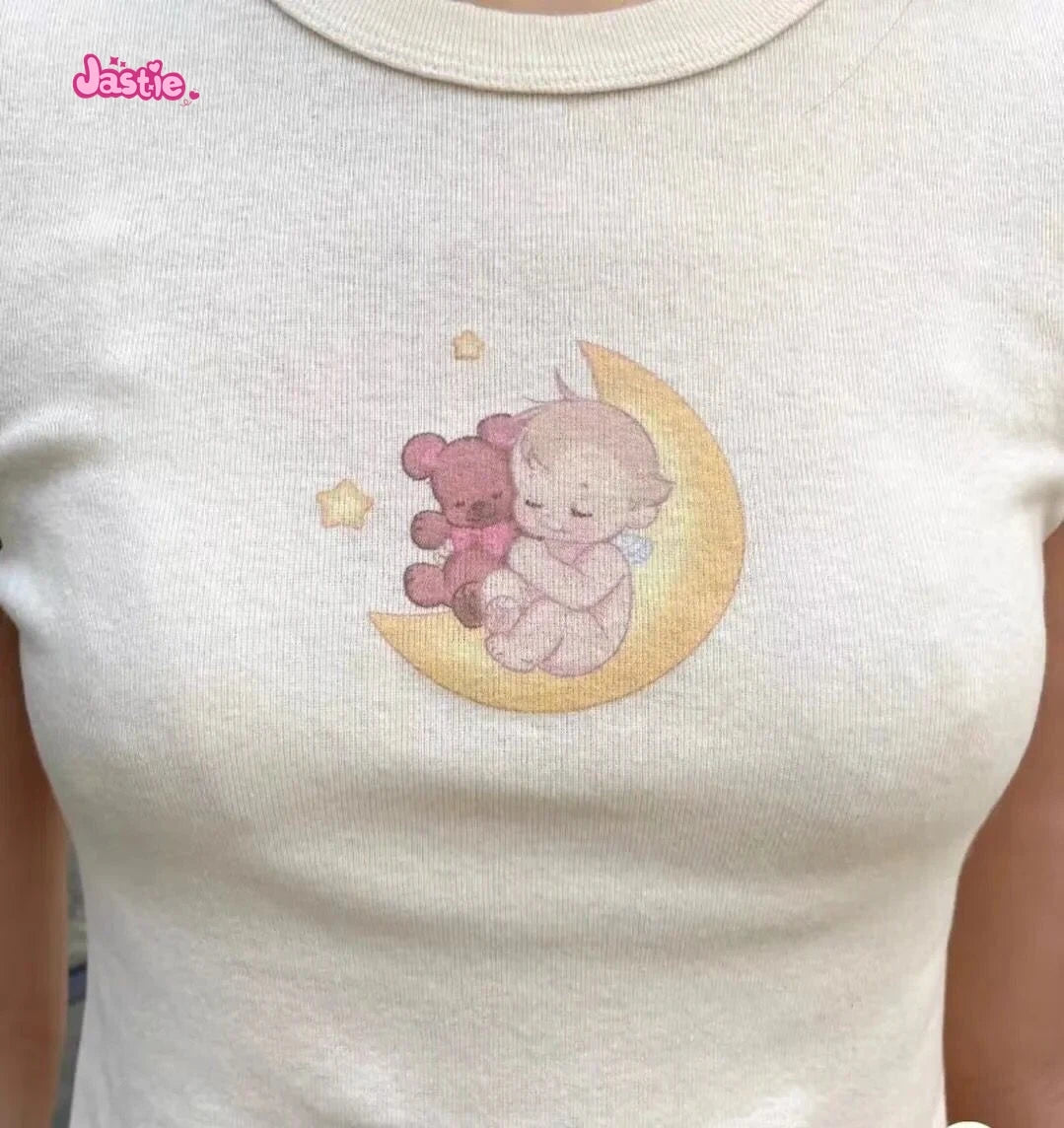 Cartoon Print Beige T-shirts Women 2024 Summer Streetwear Round Neck Short Sleeve T Shirt Female Vintage Chic Y2k Crop Top