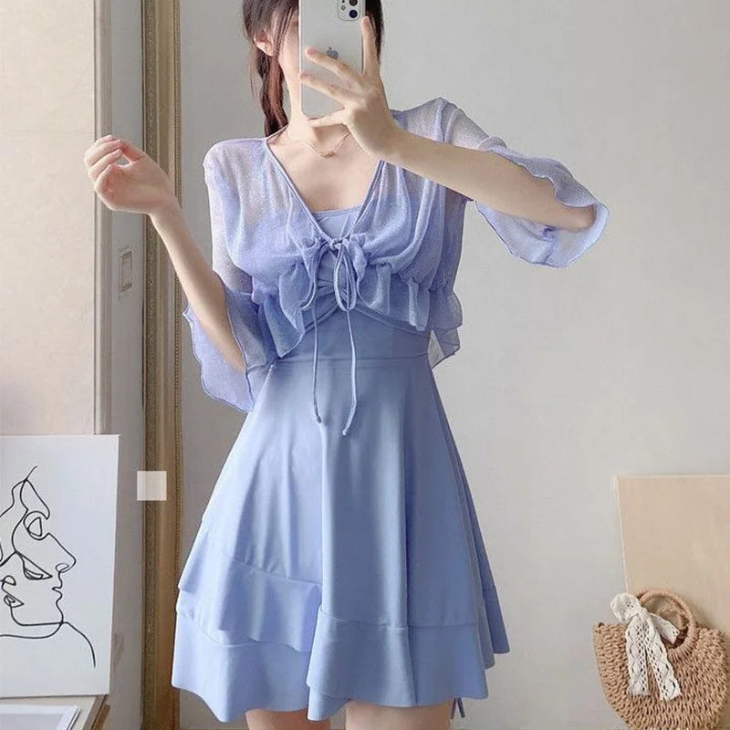 Women's High-End Bikini Tee-Piece Set Skirt Sle Faionable Thermal Spa Swimsuit Meat Covering Slimming Beachwear