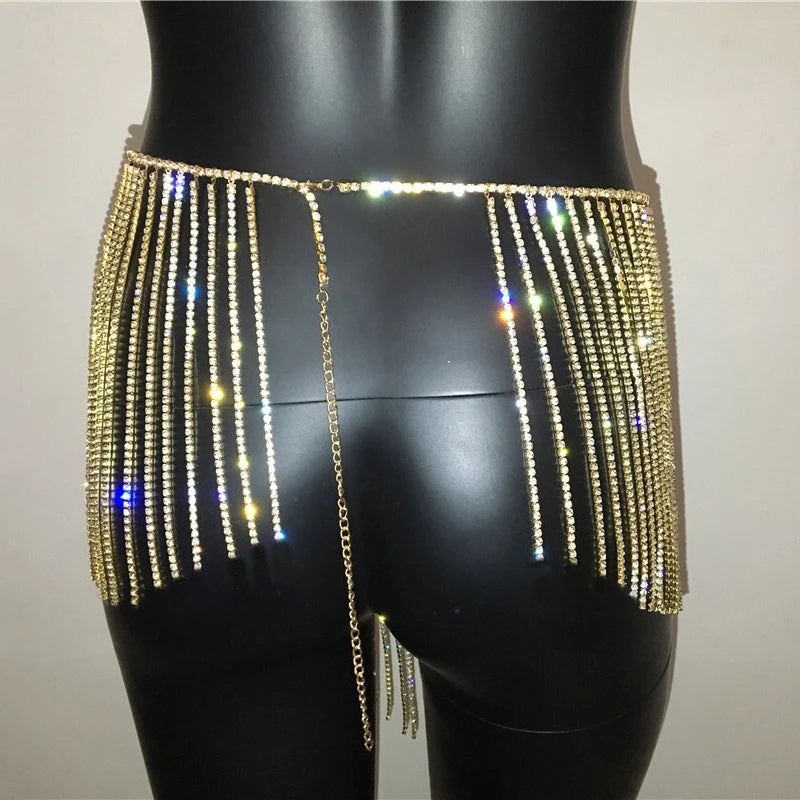 Sparkly Crystal Rhinestone Tassel  Mini Skirt Women Fashion See Through Hollow Out Metal Chain Nightclub Party Beach Outfits