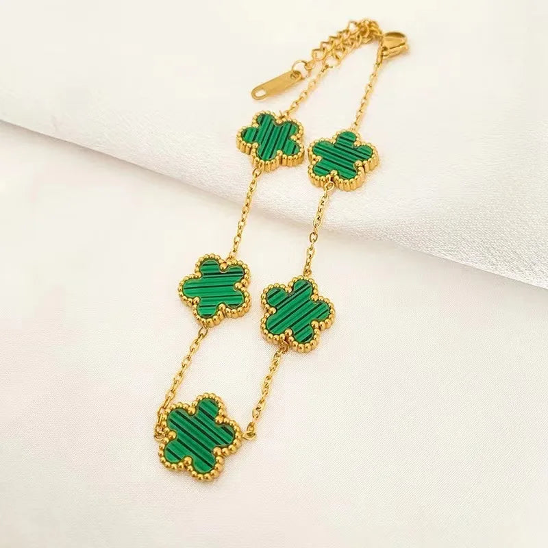 1/2/3Pcs 18K Gold Plated Stainless Steel Five Leaf Bracelet for Women, Elegant Flower Design Necklace Bracelet Jewelry Gift