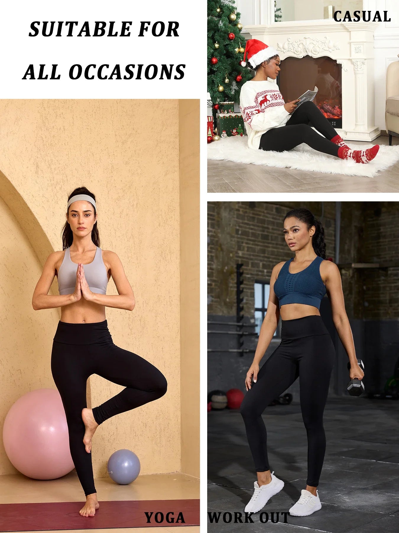 Women's leggings with thermal fleece interior. High waist design provides coverage and comfort for yoga and workout sessions