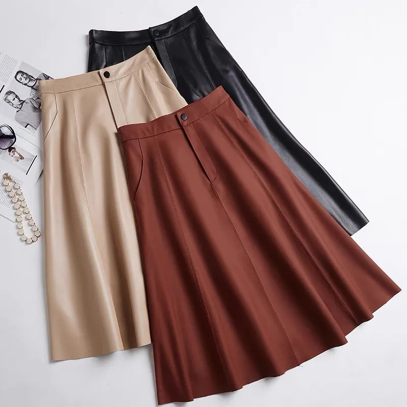 Women Caramel Genuine Leather Skirt 2025 Winter Female Natural Skin A-line Simple Big Hem Pleated Long Faldas Apricot Ropa Mujer