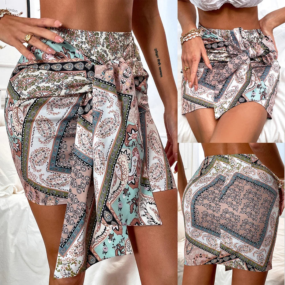 2025 New High-Waist Belted A-line Printed Skirt for Women