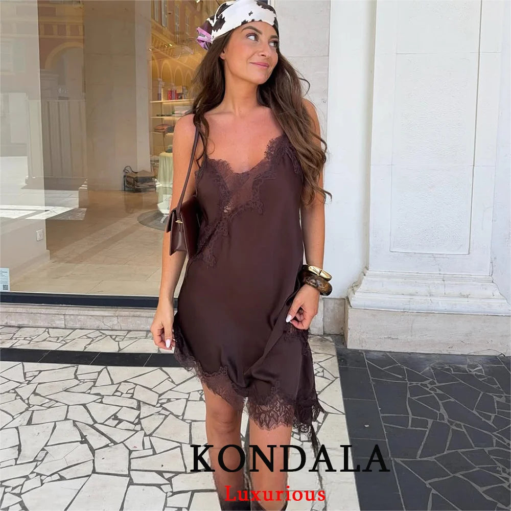 KONDALA Satin Sexy Lace Spliced Short Sling Dress Women Sleeveless Backless Asymmetric Sexy Party Dresses 2025 Autumn Lady Dress
