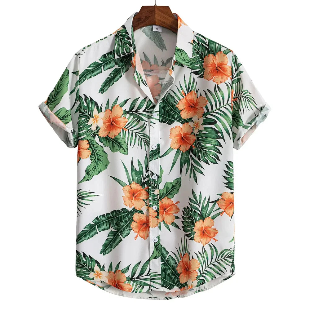 Hawaiian Botanical Flower Print Men's and Women's Short Sleeve Lapel Seaside Button-Down Shirt Top Casual Fashionable Shirts