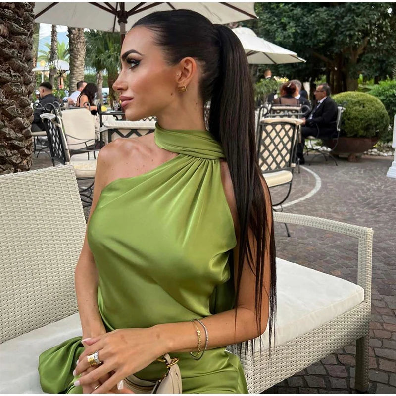Elegant Ribbon Halter Dress Women Solid Off Shoulder Sleeveless Backless Slim Maxi Dresses 2025 Summer Autumn Party Robes Lady