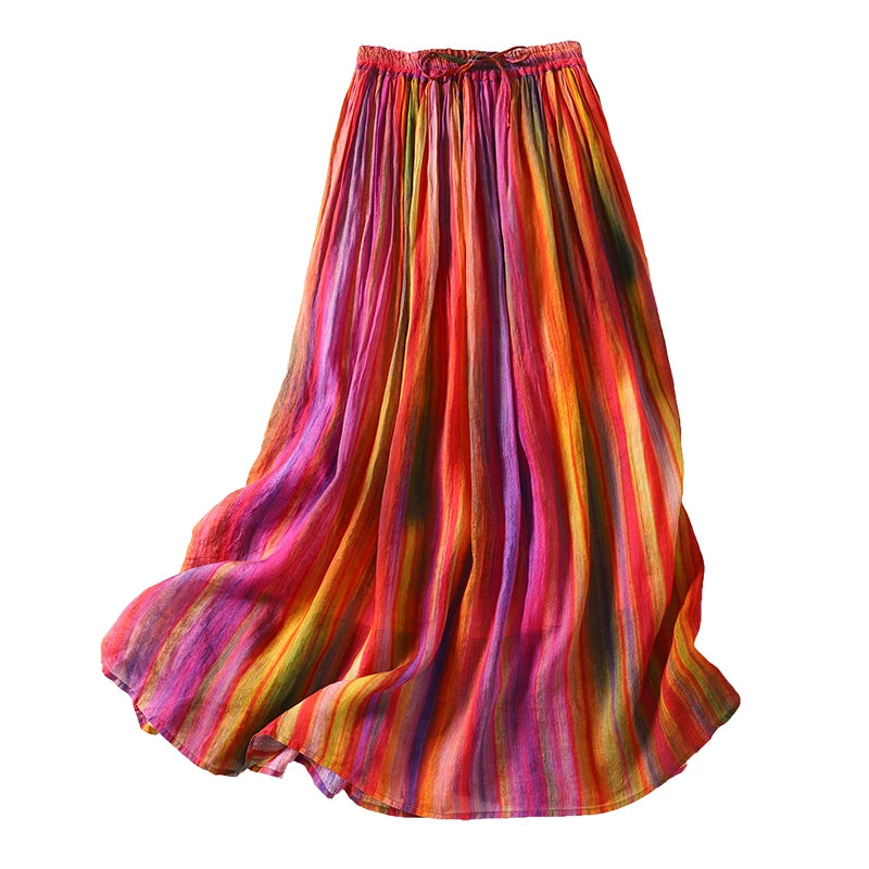 Summer Vintage Versatile Double Layered Flax A-Line Midi Skirt Slimming Elastic Waist Rainbow Stripes Long Skirt