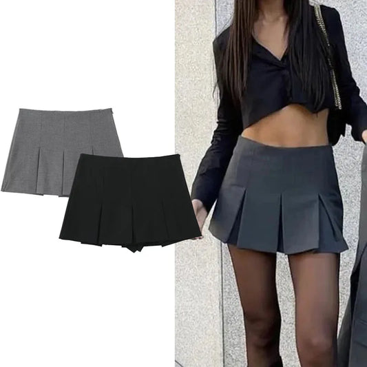 HXAO Pleated Mini Skirt Pants High Waist Grey Short Skirts Women Summer Black Skirt Shorts Streetwear Casual Women's Skort