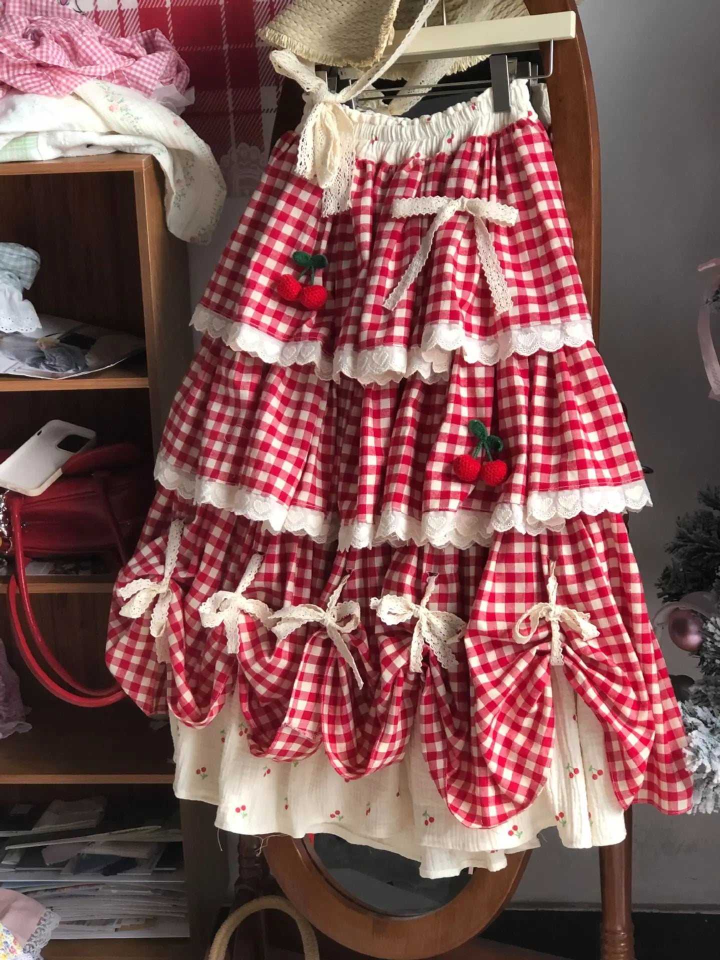 Sweet Multi-Layered Ruffle Cake Skirt Women's Autumn Winter New Cherry Design Lace Half Skirt Fresh And Cute Style Midi Skirt