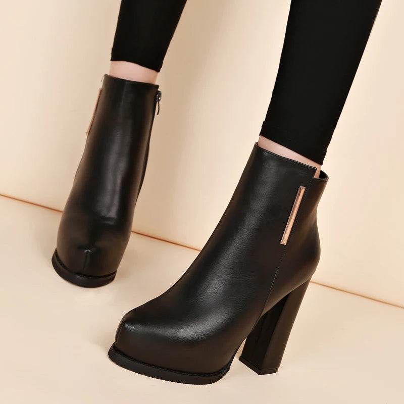 Autumn Winter Plush Boots Women British Thick Heel Waterproof Platform Thick Bottom Short Boot High Heels Lady