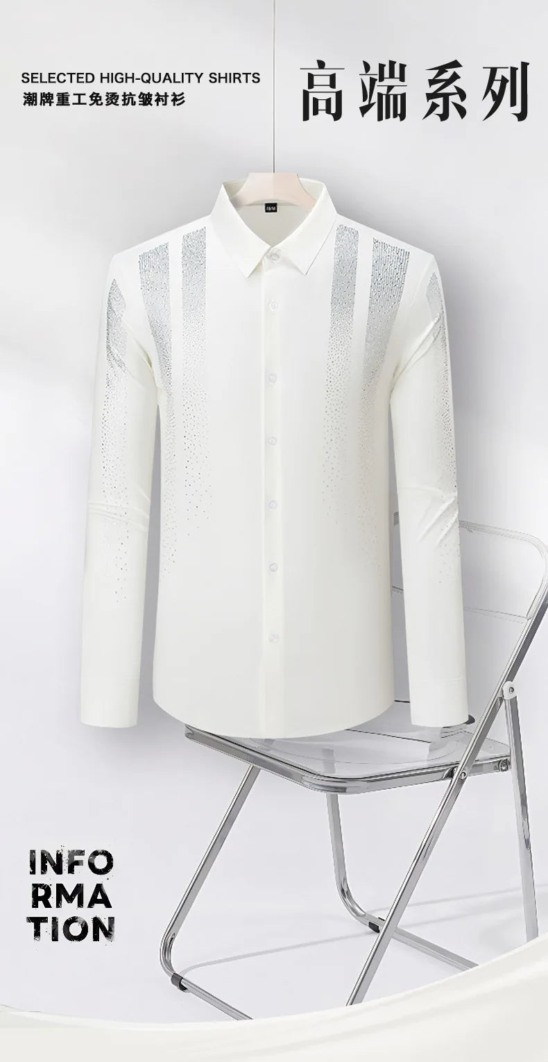Shiny Rhinestone Long Sleeved Shirt for Men Slim Casual Business Dress Shirts High Quality Versatile Banquet Party Luxury Shirt