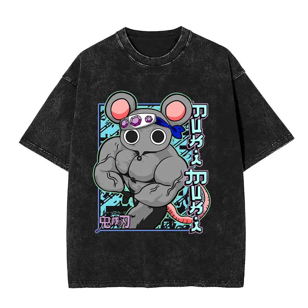 Demon Slayer Tengen Uzui Ninju Mice GYM Washed T Shirts Kimetsu No Yaiba Tee Shirt Cotton T-Shirt Unisex Casual Oversized Tops