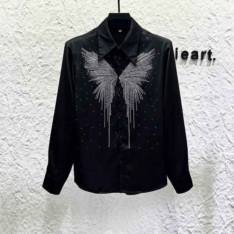 Heavy Industry Butterfly Rhinestone Shirt Men's Korean Version Shoulder Pad Versatile Casual Shirt Stage Performance Streetwear