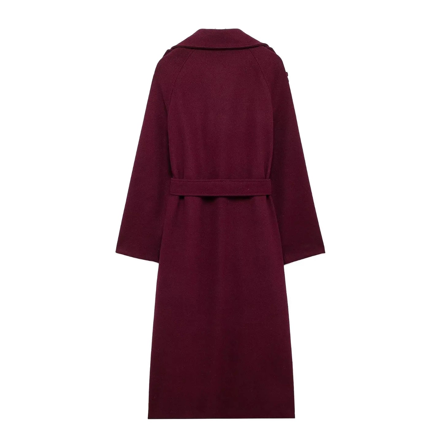 HH Women Elegant Wine Red Coat With Belt Lapel Full Sleeve Double Breasted Lady Overcoat Autumn Winter Female Outwear