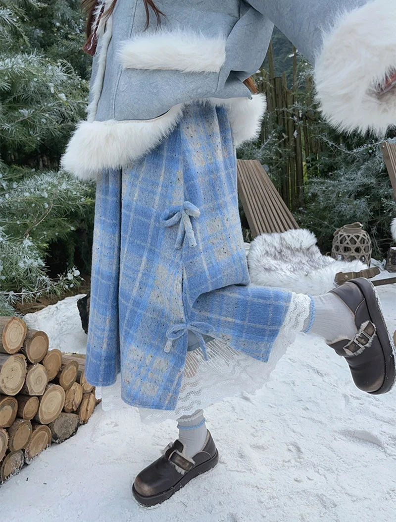 MEXZT Vintage Plaid Woolen Midi Skirt Women Japanese Kawaii Bow Lace Patchwork Skirts Winter Harajuku Cute Casual A Line Faldas
