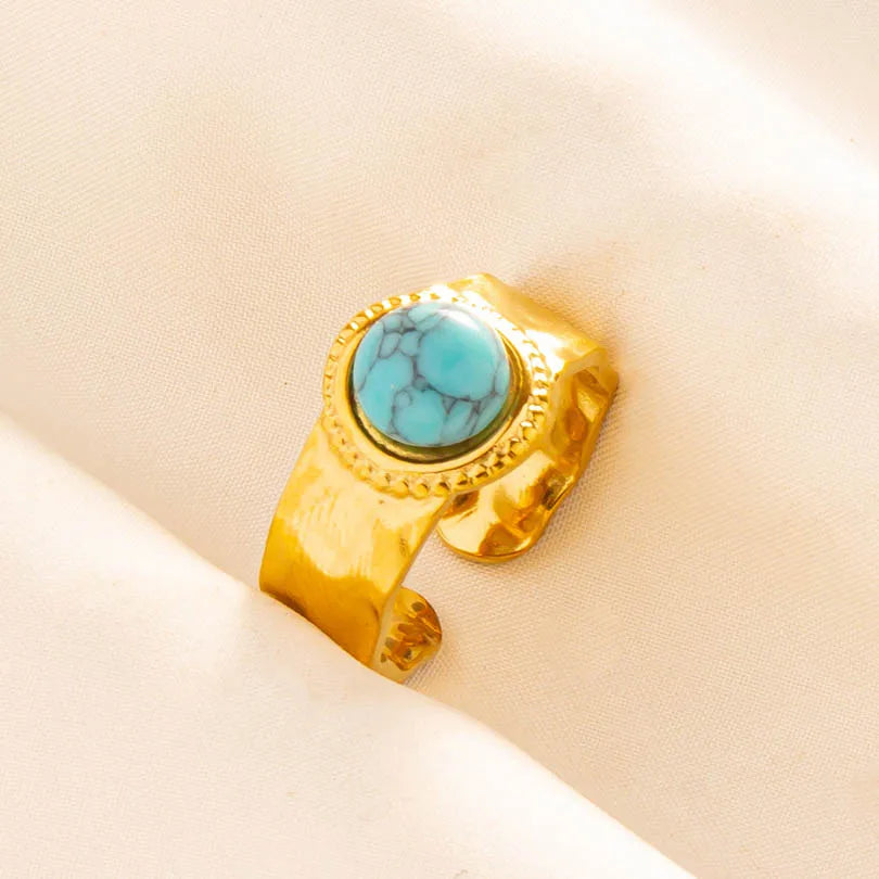 Classic Retro Turquoise Finger Jewelry Stainless Steel Rings For Women Men Accessories Open Adjustable 18k Real Gold Plated Ring