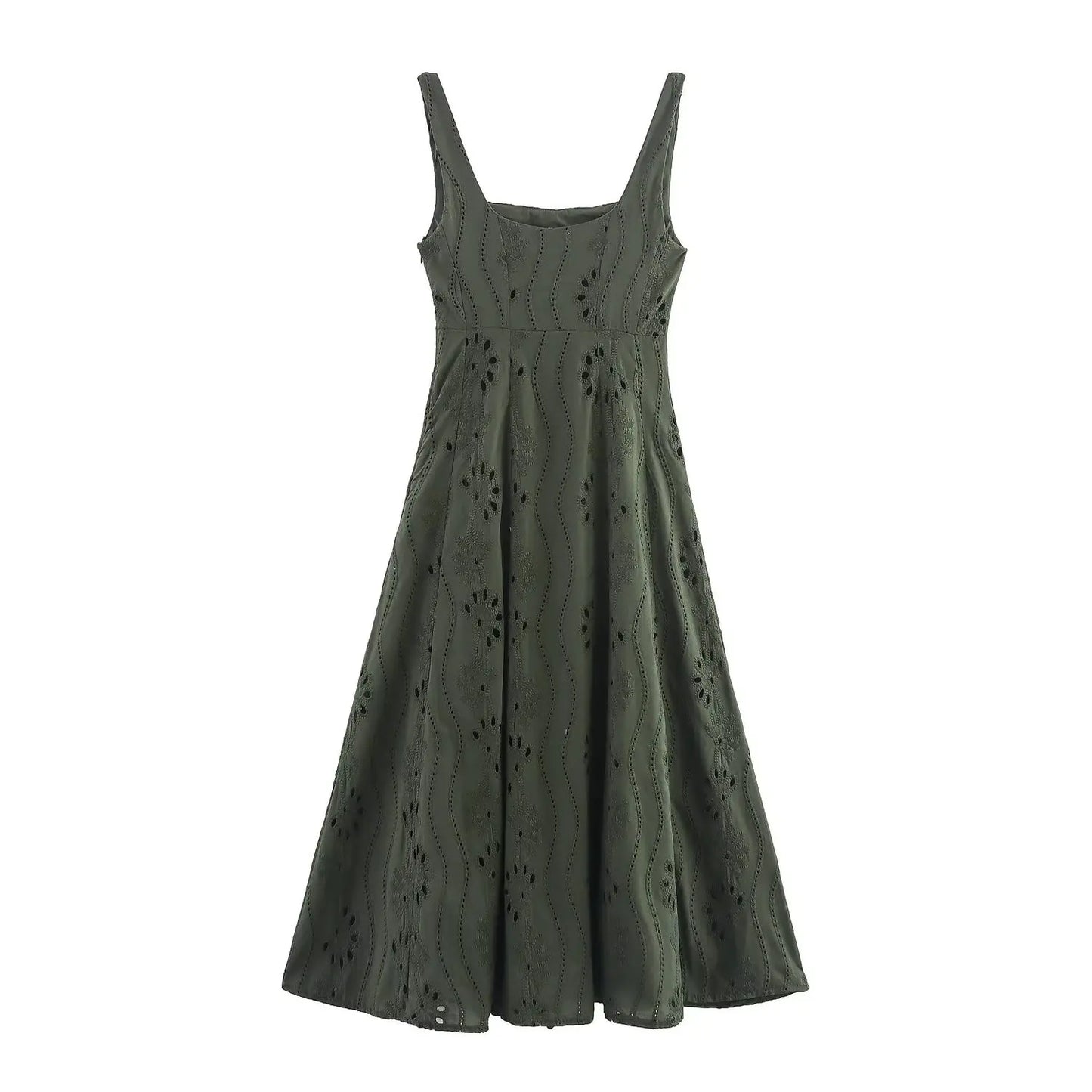 Women Embroidered Hollow A-line Dress Retro Lapel Backless Sleeveless High Waist Pleated Side Zipper Solid Color Midi Dress