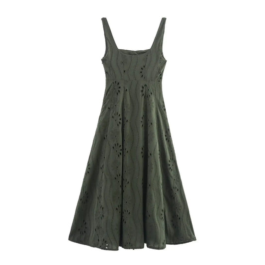 Women Embroidered Hollow A-line Dress Retro Lapel Backless Sleeveless High Waist Pleated Side Zipper Solid Color Midi Dress